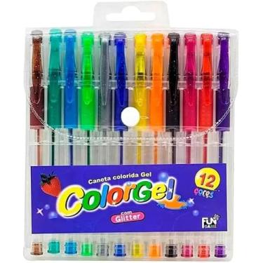 Imagem de Canetas Coloridas Gel Neon Glitter Estojo Marca Texto Kit 12 Cores