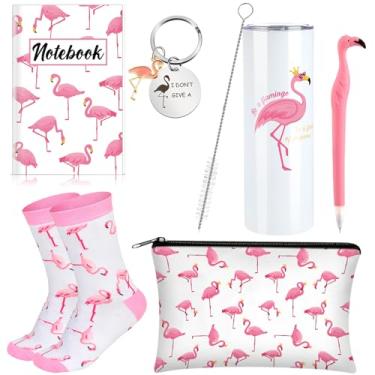 Imagem de Panitay Conjunto de 6 peças de flamingo, meias de flamingo, rosa, flamingo, aço inoxidável, caderno, caneta, bolsa cosmética, chaveiro