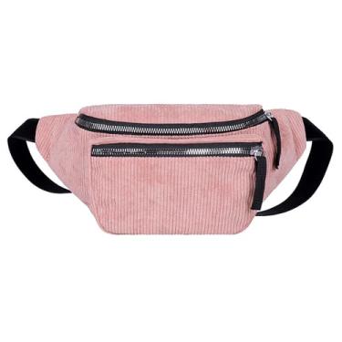 Imagem de eYLun Pochete feminina, casual, de veludo cotelê, bolsa de cintura ajustável, para viagens, caminhadas, corridas, ciclismo, rosa, Bolsa de cintura