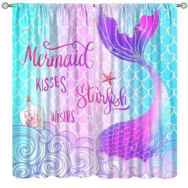 Imagem de Cortinas de sereia, desenho animado verde bonito aquarela coral subaquática animal sereia princesa janelas tratamentos cortinas para crianças meninas berçário sala de estar quarto 106,7 x 114,3 cm