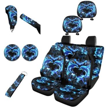 Imagem de FKELYI Conjunto completo de capas de assento de carro Blue Dolphin com estampa floral/capas de encosto de cabeça/porta-chaveiro/capa de câmbio de marchas/capa de freio de mão, 10 peças