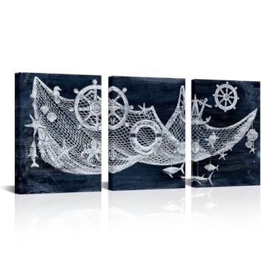 Imagem de sechars Decoração de arte de parede náutica rede de pesca com conchas pintura de roda de navio imagens azul marinho banheiro quarto decoração de casa de lago (pequena)