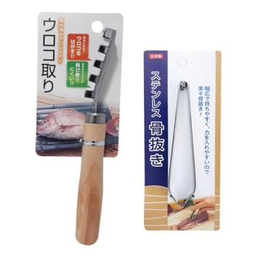 Imagem de Kit 1 Pinça Aço Inox E 1 Descamador Limpa Peixe Salmão Japão - Orienta