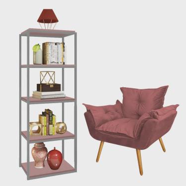Imagem de Kit Poltrona Fatte com Estante Livreiro Ferro Prata mdf Rose Suede Rose Gold - Ahazzo Móveis