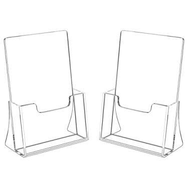 Imagem de HIIMIEI Suporte de folheto 21,5 x 14 cm, porta-folheto de acrílico com 2 unidades, suportes de plástico para exibição de revistas, panfletos, literatura, folhetos, folhetos, cardápio