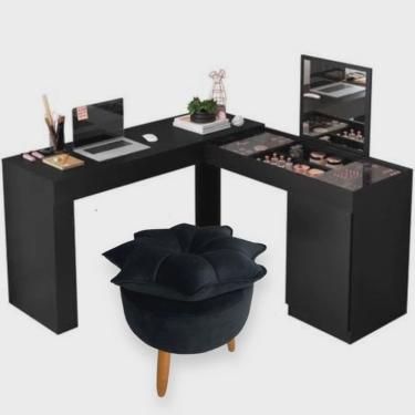 Imagem de Penteadeira Camarim L Escrivaninha Com Puff Retrô Estrela Preto - Móveis Leartam