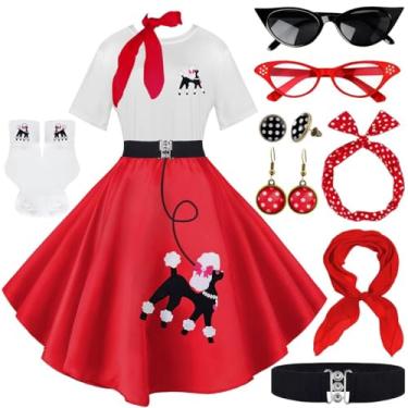 Imagem de 10 peças de roupas femininas, saias poodle dos anos 50, camiseta com acessórios dos anos 50, meias, cachecol, faixa de cabeça, brinco de cinto, Vermelho, Small