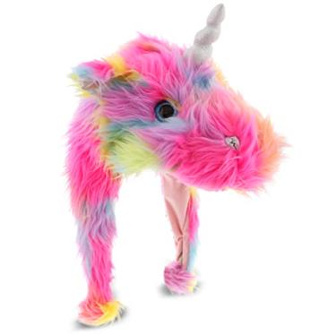 Imagem de DolliBu Pelúcia de dragão arco-íris – Chapéu macio e quente com abas de orelha, brinquedo de fantasia de festa engraçado, chapéu de inverno de lã aconchegante para crianças e adolescentes – Tamanho