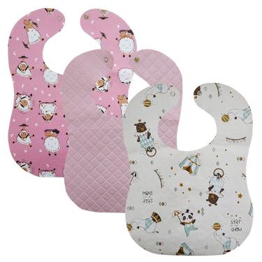 Imagem de Babador Impermeavel Bebe Kit 3 25x34cm Estampas Divertidas Botão Pressão Menino Menina