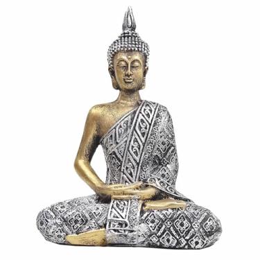 Imagem de Buda Hindu Tailandês Deus Riqueza Prosperidade Resina 20 cm (Prata e Dourado)