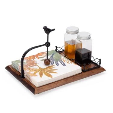 Imagem de NPKCJZY Porta-guardanapos para mesa com design de pássaro, suporte de guardanapo de metal preto para mesa de jantar, base de madeira marrom nogueira inclui espaço para saleiro e pimenteiro para