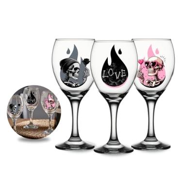 Imagem de Conjunto com 3 Taças de Vinho de 340ml Vidro Grosso e Resistente Caveira Linda Preta Detalhes Luxo Bebidas Vinho Tinto Rose Branco Love Amor Estampa Personalizada Delicada Coleção Caveiras