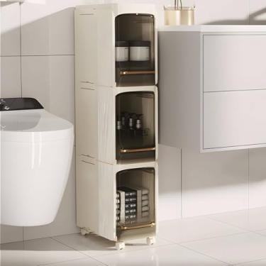 Imagem de QAVABIN Armário de armazenamento estreito de 3 níveis alto, organizador de banheiro fino para espaços pequenos, armazenamento independente para cozinha e armário de lavanderia, branco