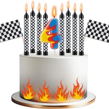 Imagem de Conelist 15 velas temáticas de carros de corrida, número de aniversário, caminhão, roda, vela preta e branca, bandeira quadriculada, topo de bolo, decoração de bolo de carro de corrida de bombeiros