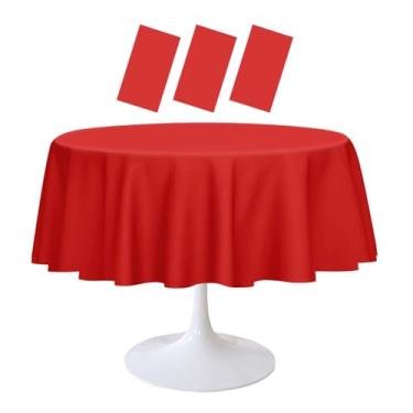 Imagem de RINDOJIN Pacote com 3 toalhas de mesa redondas vermelhas de 213 x 213 cm, toalha de mesa descartável para chá de bebê, casamento, festa de aniversário, piquenique, toalha de mesa de plástico redonda