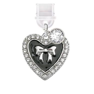 Imagem de ELISE & FONDA TP630 Tipo-C porta de carregamento plugue antipoeira pequeno coração amor com pingente de celular para iPhone 15/16/Samsung/OnePlus/Xiaomi/oppo telefones Android (preto)