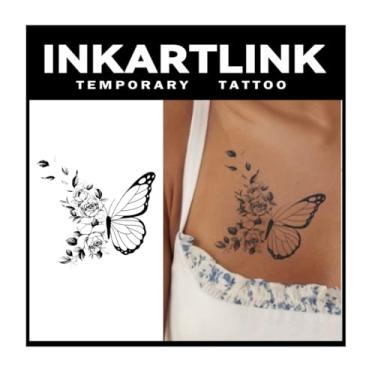 Imagem de INKARTLINK Tatuagens Temporárias, 2 Folhas De Tatuagem Semipermanente Média, Design Artístico Adulto, Duram 1 A Semanas, À Prova D'Água, Aparência Realista, Sem Adesivo, Reflexo (Flor E Borboleta)