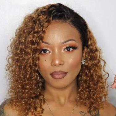 Imagem de Merhara Peruca De Cabelo Humano 1B/30 Ombré Brown Curly Bob, 13X4 Hd Lace Front Para Mulheres, Densidade 180%, Sem Cola, Curta, 25 Cm