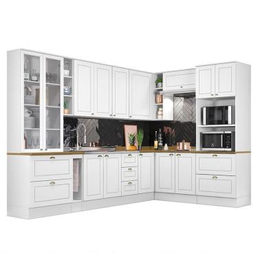 Imagem de Cozinha Completa De Canto Americana 10 Peças Branco Com Cristaleira E Tampo Nature - Móveis Henn Branco