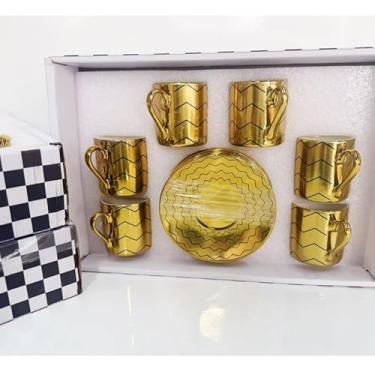 Imagem de Xícara de café kit com 12 peças de Cerâmica em porcelana (Dourado xicara HB-9157)
