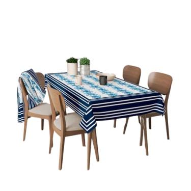 Imagem de Toalha de Mesa Retangular Branca 4 a 6 lugares 1,35 x 1,90 Tecido Poliester Florido e Listras Azul
