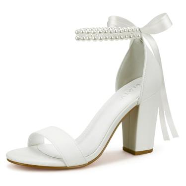 Imagem de PARTY Sandálias femininas de salto grosso, bico aberto, tira no tornozelo, 7,6 cm, Pérola branca, 40