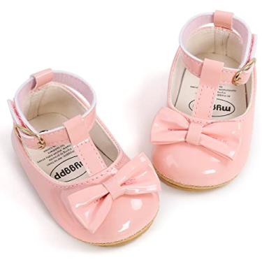 Imagem de QWZban Sapatilhas Mary Jane para bebês com Bownot Antiderrapante Sola macia Couro PU Recém-Nascido Infantil Infantil Primeiro Andar Círculo Festa Sapatos de Natal, Aa0 Rosa, 6-12 Months Infant