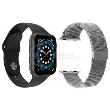 Imagem de Kit 1 Smartwatch W46 S Preto + 1 Pulseira Extra Prata