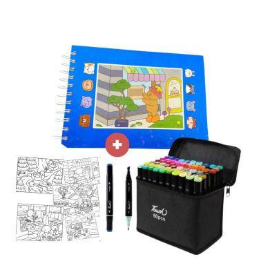 Imagem de Canetinha 60 Cores Ponta Dupla Livro De Colorir 100 Paginas Pinturas Desenho Ursinho Fofo Divertido