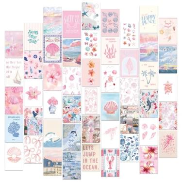 Imagem de FYSUIMU Kit de colagem de parede costeira 50 peças rosa azul praia costeira concha impressão artística decoração de quarto fotos estéticas para quarto, parede, dormitório, decoração de casa, 10 x 15