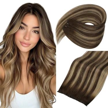 Imagem de Extensões de cabelo de trama com contas ensolaradas, extensões de cabelo microtrama marrom marrom balayage marrom escuro desvanecendo para cabelo humano loiro caramelo Extensões de trama EZE marrom trama dupla 40,64 cm 50 g 30,48 cm de largura
