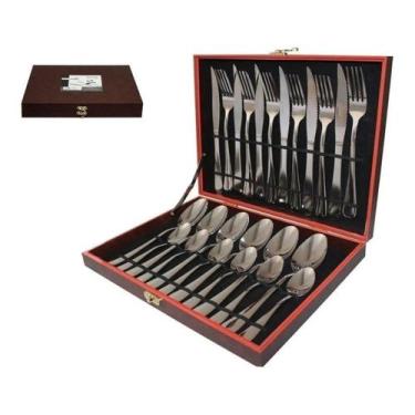 Imagem de Faqueiro de Luxo Inox 24 42 Peças com Caixa de Madeira Conjunto Comple