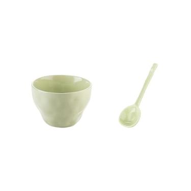 Imagem de Tigela de cerâmica chinesa simples, fresca, adorável e requintada resistente a altas temperaturas - verde matcha - tigela de macarrão de 12,7 cm + colher