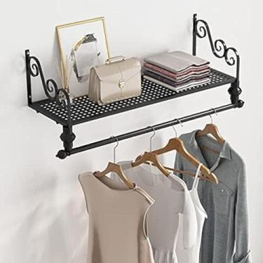Imagem de Trilho De Roupas Montado Na Parede Com Prateleira Estrutura De Ferro Dourado Preto E Branco, Rack De Armazenamento Multifuncional Trilho De Roupas Montado Na Parede Com Economia D, Black, 80 cm