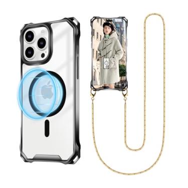 Imagem de UnnFiko Cordão de telefone transversal para iPhone 16 Pro Max capa compatível com Magsafe transparente, proteção contra quedas, alça de telefone de metal magnética para iPhone 16 Pro Max (dourado)