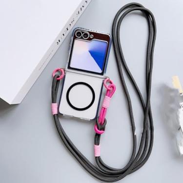 Imagem de Capa magnética com cordão transversal para celular Samsung Galaxy Z Flip 6 5 4 3 Flip6 Flip5 Flip4 Flip3 5g, capa transparente (para Samsung Galaxy Z Flip4/preta)