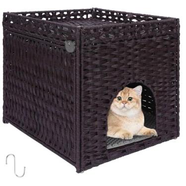 Imagem de Caixa de areia para gatos Gabinete oculto para móveis - Casa de animal de estimação de vime tecida à mão com 2 tapetes removíveis - Design grande dobrável para privacidade - Serve para sala de estar