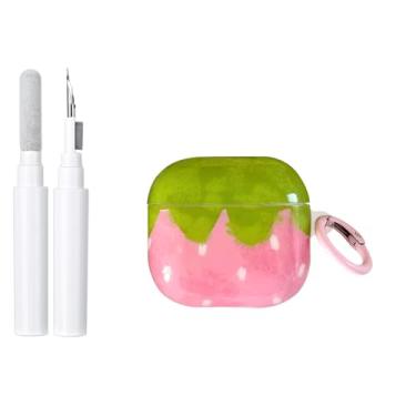 Imagem de inewateri Capa compatível com AirPods 4 com kit de limpeza fofo rosa morango design estética à prova de choque chaveiro vermelho capa superior para meninas mulher para Airpods 4ª (2024)-rosa