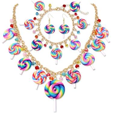 Imagem de NVENF Conjunto de joias de doces acessórios de fantasia de Natal bengala doce colar de pirulito brincos de candyland fantasia de Halloween roupas de Natal para mulheres lembrancinhas de festa de