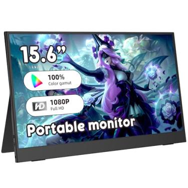 Imagem de PONKLOIE Monitor portátil de 15,6 polegadas, alto-falantes FHD 1080P USB-C HDMI para jogos, tela IPS ultrafina, tela pequena para laptop/PC/telefone, monitor de jogos e monitor de PC com capa