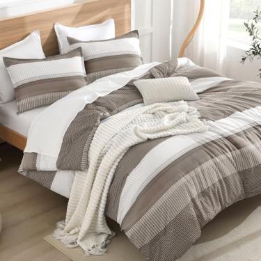 Imagem de Litanika Conjunto de edredom King Size avelã – Conjunto de cama leve com listras colorblock e fofas, conjunto de cama para todas as estações