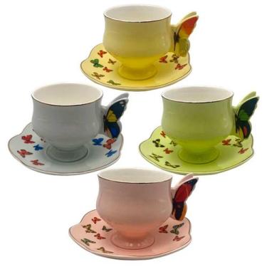 Imagem de Jg.4 Xícaras Chá c/Pires Papillon New Bone China c/Borda Dourada 200ml