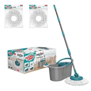 Imagem de Mop Giratório com Balde e 2 Refils Extras, Kit Completo de Limpeza, Cinza e Turquesa