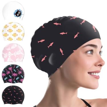 Imagem de WAVEYU Touca de natação de silicone para mulheres, touca de natação para verão e inverno, toucas de natação para meninas, estampa de peixe fofo