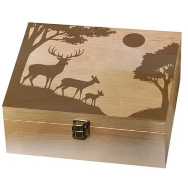Imagem de arricraft 1 caixa de madeira para lembranças, uma família de três cervos na floresta com o sol, caixa de madeira decorativa de memória com tampas de dobradiça para fotos, DVDs, cartas segurando 24,5 x