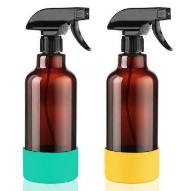 Imagem de Hethyo Frascos de spray de vidro com manga de silicone de 500 ml, pacote com 2 frascos de spray vazios para névoa de cabelo/spray para soluções de limpeza, plantas, óleos essenciais (marrom-verde e