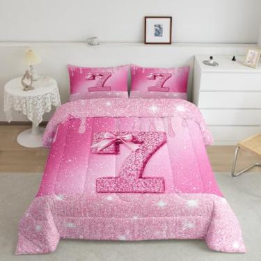 Imagem de jejeloiu Conjunto de edredom com laço rosa com glitter, para todas as estações, primeiro aniversário, rosa, número 7, com 1 fronha, decoração de quarto solteiro de um ano, edredom personalizado número
