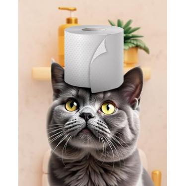 Imagem de ZUKIY Chapéu de papel higiênico gato - impressão de arte de parede de banheiro de gato engraçado para casa ou escritório - Pôster de animal preto e branco para decoração moderna - Impressão sem