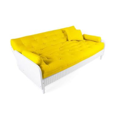 Imagem de Sofá Cama Paris Ripado Branco Sarja Amarelo Madeira Nobre