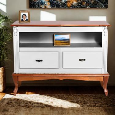 Imagem de Rack Para Tv 45 Polegadas 2 Gavetas Nicho E Pés Luiz Xv - Branco Laca Com Tampo E Base Imbuia Glazer